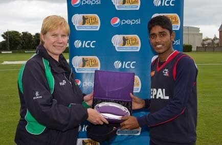 Avinash Karn receives Man of the Match. Photo courtesy: ICC