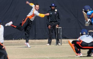 Sharad Vesawkar of  APF bowls against  Region No 3 Kathmandu during their match of  Pepsi Standard Chartered T20 National Cricket Tournament at the Pulchowk Engineering Ground, Lalitpur on Thursday.