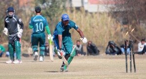 Sanjog Karn (R) of  Region No 7 Janakpur gets run out  during the semifinal against Region No 4 Bhairahawa in the Pepsi Standard Chartered One-Day National Cricket Tournament at the Pulchowk Engineering Ground, Lalitpur on Thursday.