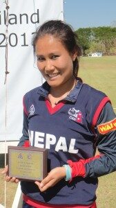 Rubina Chhetri poses for a photograph with player-of-the-match trophy. (Photo Courtesy: ACC)