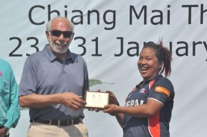 Nary Thapa receives player-of-the-match trophy. (Photo Courtesy: ACC)