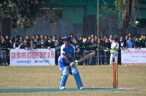 Bhuwan Karki bats for Sudur Paschim Academy in Hotel Devotee SPA Cup cricket match against Siddhanath Campus on Wednesday.(Photo Courtesy: SPA)