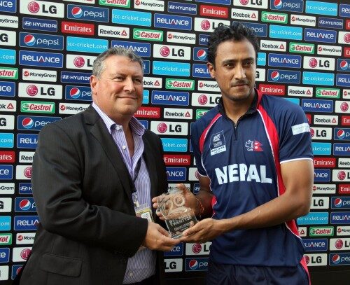 Paras Khadka gets Man of the Match award. Photo: Raman Shivakoti