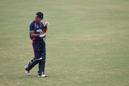 Nepal captain Paras Khadka walks back to the pavilion after scoring 29. Netherlands defeated Nepal by 7 wickets. Photo: Devendra Subedi