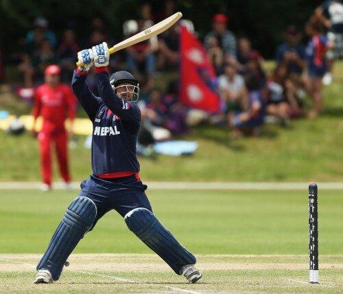 Basant Regmi hit 45 coming in at No#8 and took Nepal to respectable total. Photo: ICC/IDI/GettyImages